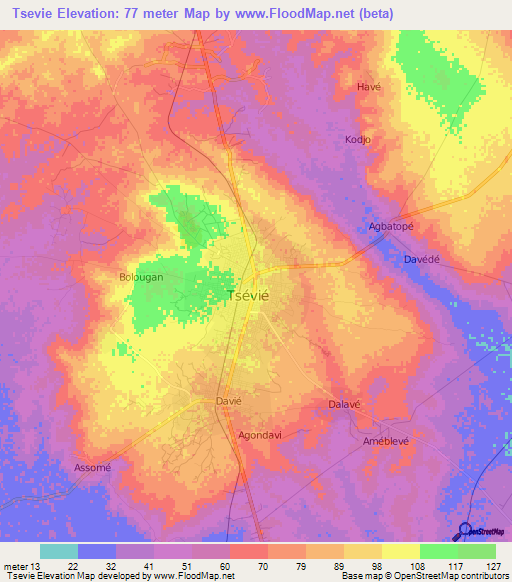 Tsevie,Togo Elevation Map