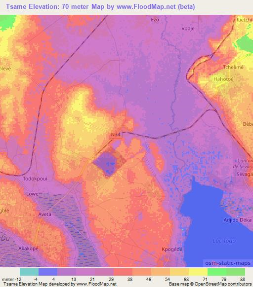 Tsame,Togo Elevation Map