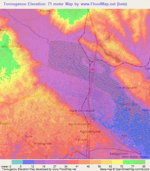 Tovouganou,Togo Elevation Map