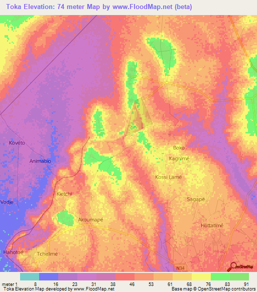 Toka,Togo Elevation Map