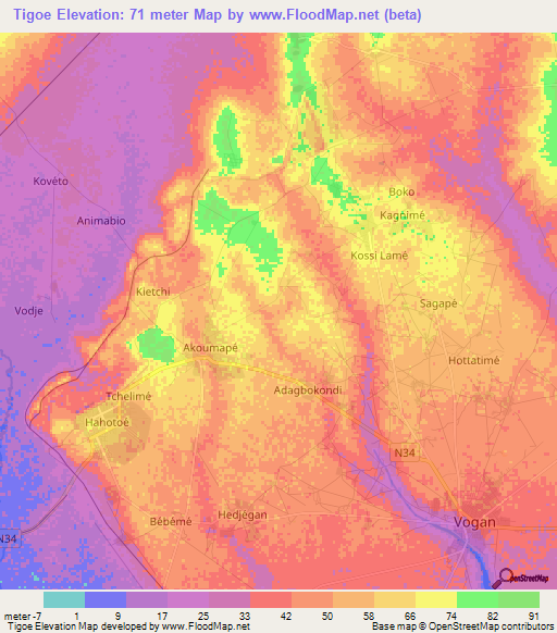 Tigoe,Togo Elevation Map