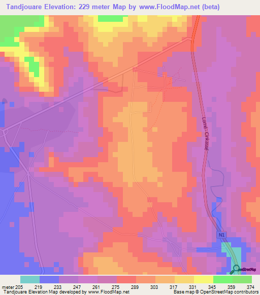 Tandjouare,Togo Elevation Map