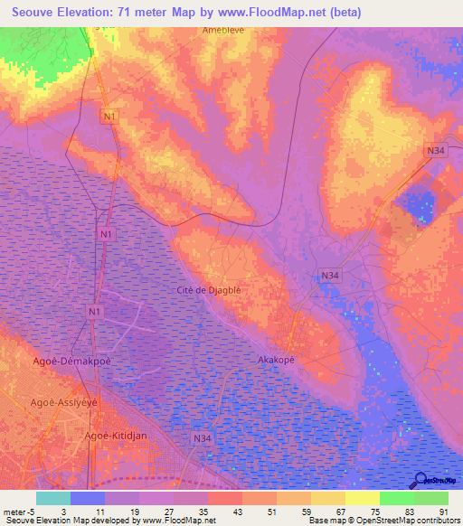 Seouve,Togo Elevation Map