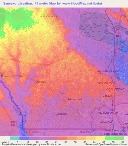 Sanyako,Togo Elevation Map