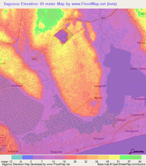 Sagonou,Togo Elevation Map