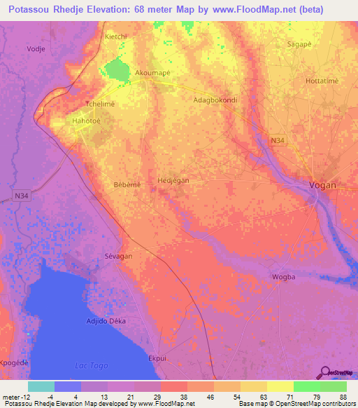 Potassou Rhedje,Togo Elevation Map