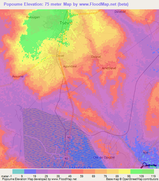 Popoume,Togo Elevation Map