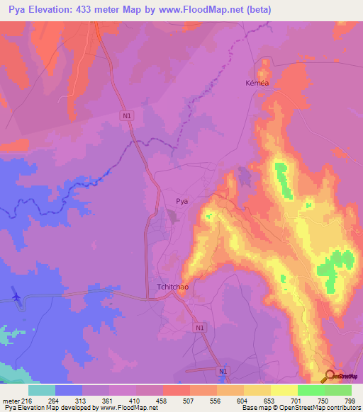 Pya,Togo Elevation Map