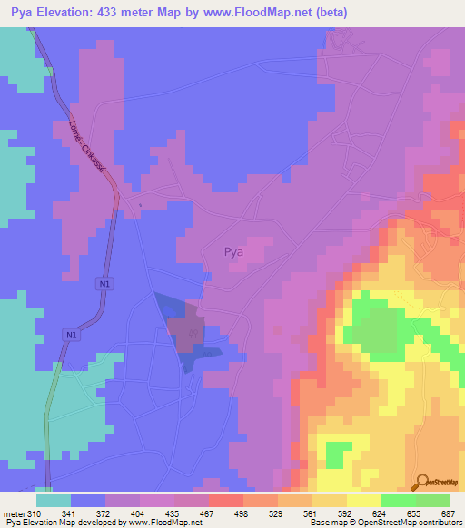 Pya,Togo Elevation Map