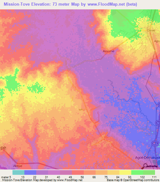 Mission-Tove,Togo Elevation Map