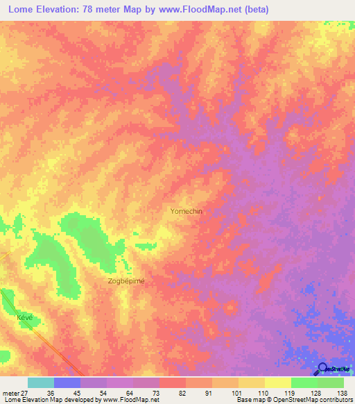 Lome,Togo Elevation Map