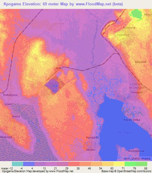 Kpogame,Togo Elevation Map