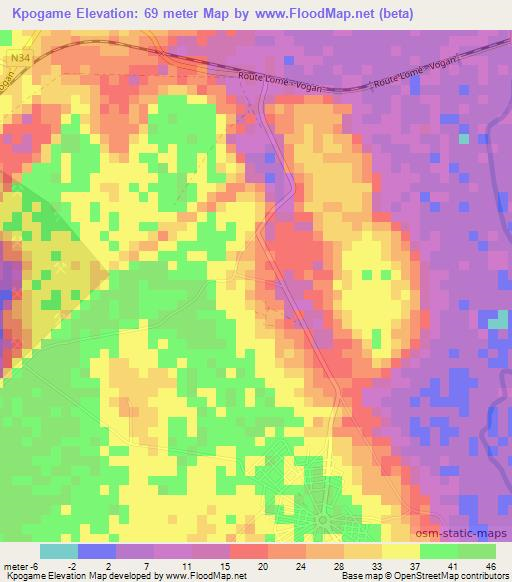 Kpogame,Togo Elevation Map