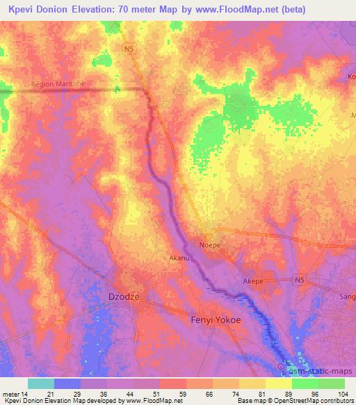 Kpevi Donion,Togo Elevation Map