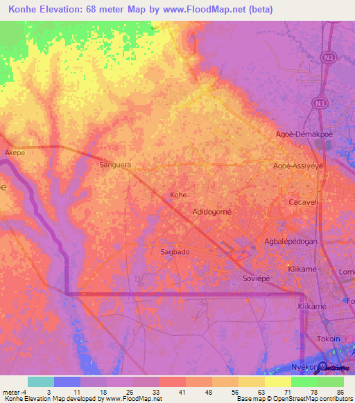 Konhe,Togo Elevation Map