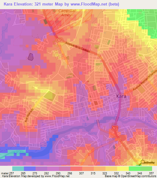 Kara,Togo Elevation Map