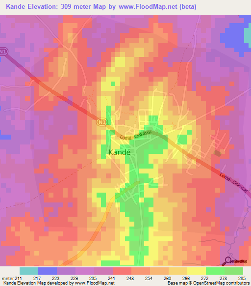 Kande,Togo Elevation Map