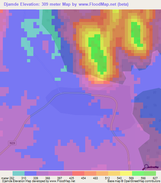 Djamde,Togo Elevation Map