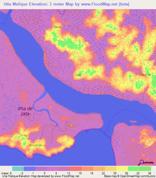 Utia Melique,Guinea-Bissau Elevation Map