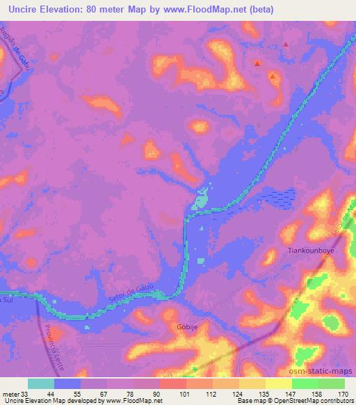 Uncire,Guinea-Bissau Elevation Map