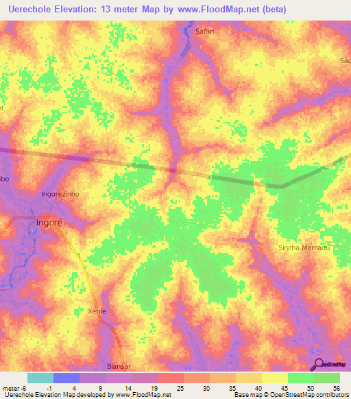 Uerechole,Guinea-Bissau Elevation Map