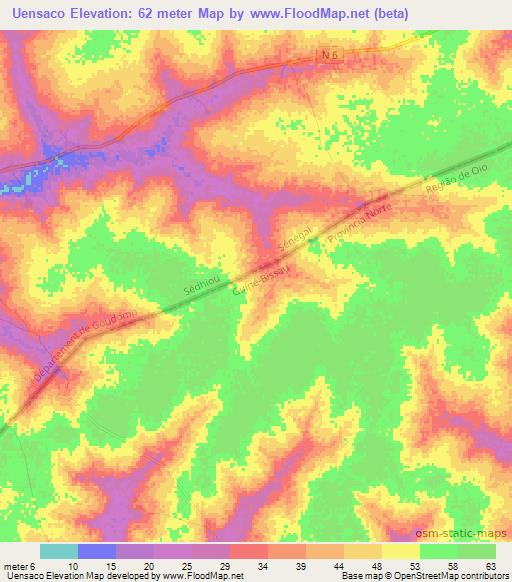 Uensaco,Guinea-Bissau Elevation Map