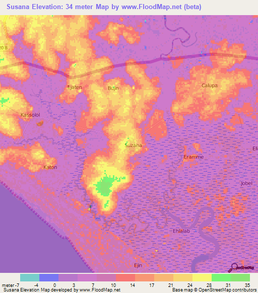 Susana,Guinea-Bissau Elevation Map