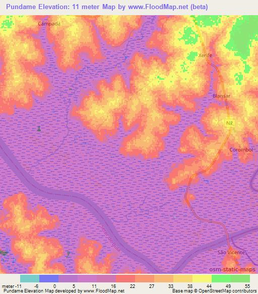 Pundame,Guinea-Bissau Elevation Map