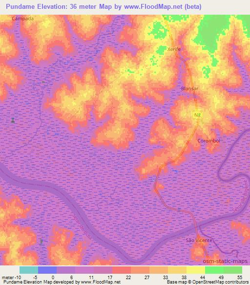 Pundame,Guinea-Bissau Elevation Map