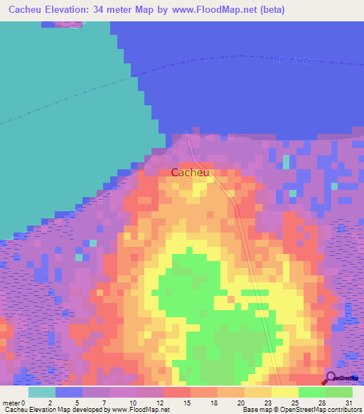 Cacheu,Guinea-Bissau Elevation Map