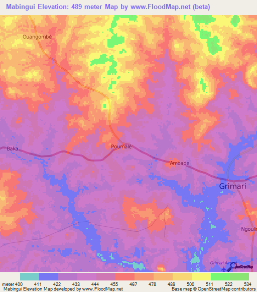 Mabingui,Central African Republic Elevation Map