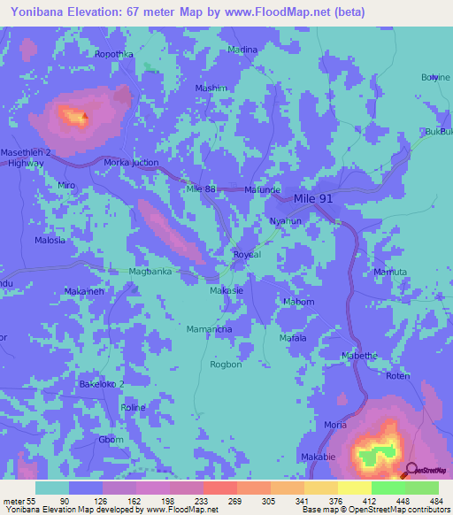 Yonibana,Sierra Leone Elevation Map