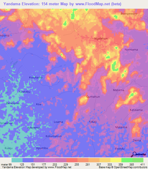 Yandama,Sierra Leone Elevation Map