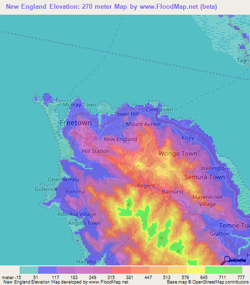 New England,Sierra Leone Elevation Map