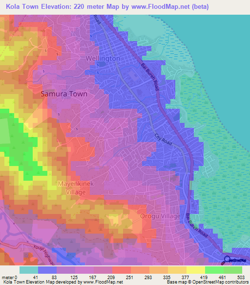 Kola Town,Sierra Leone Elevation Map