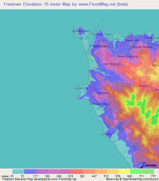 Freetown,Sierra Leone Elevation Map