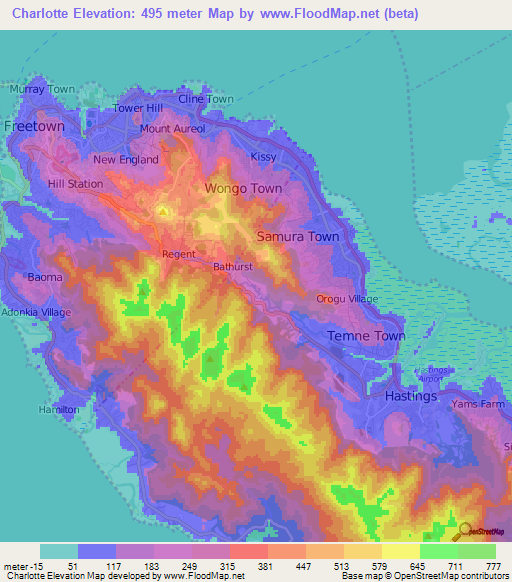 Charlotte,Sierra Leone Elevation Map