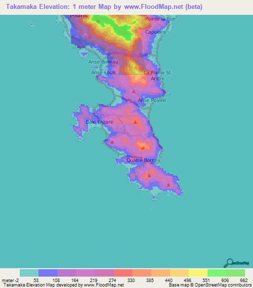 Takamaka,Seychelles Elevation Map