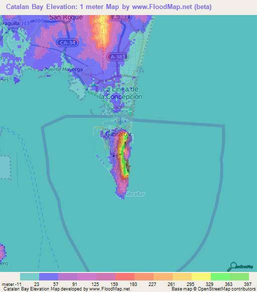Catalan Bay,Gibraltar Elevation Map