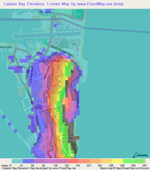 Catalan Bay,Gibraltar Elevation Map