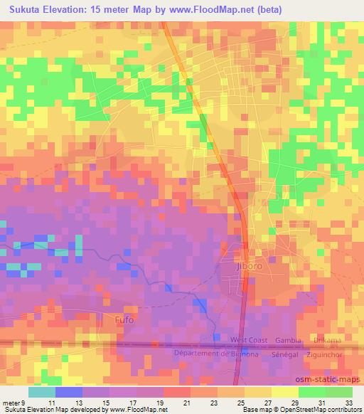 Sukuta,Gambia Elevation Map