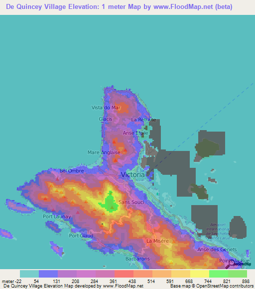 De Quincey Village,Seychelles Elevation Map