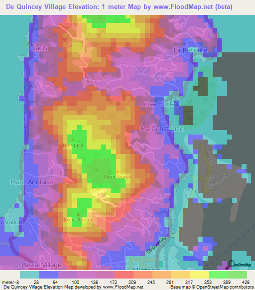 De Quincey Village,Seychelles Elevation Map