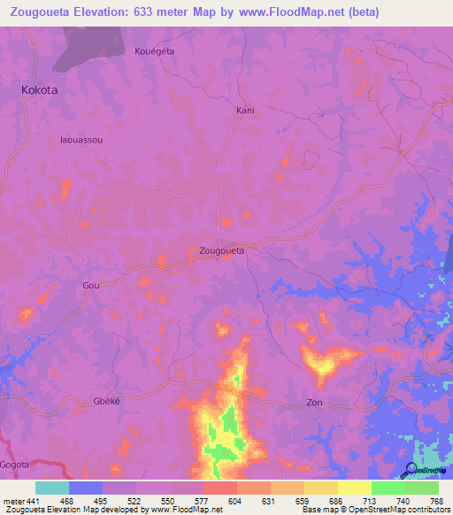 Zougoueta,Guinea Elevation Map