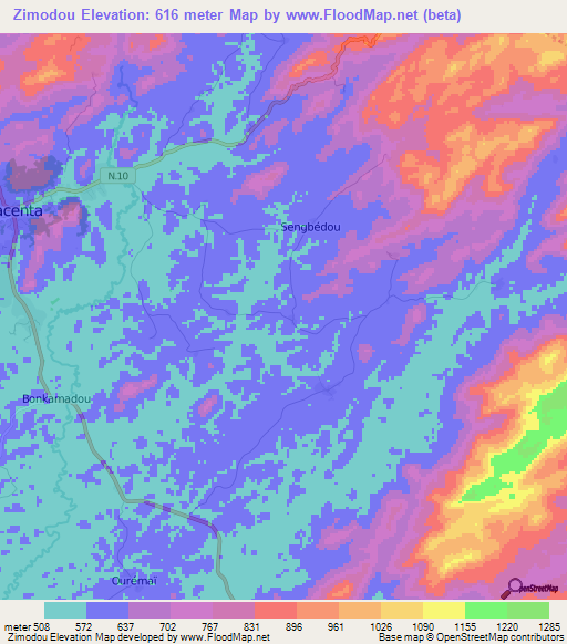 Zimodou,Guinea Elevation Map