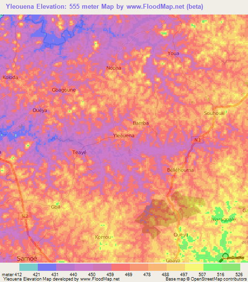 Yleouena,Guinea Elevation Map