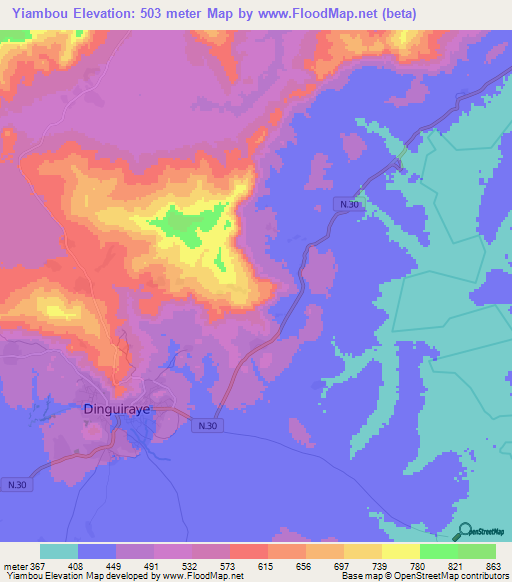 Yiambou,Guinea Elevation Map