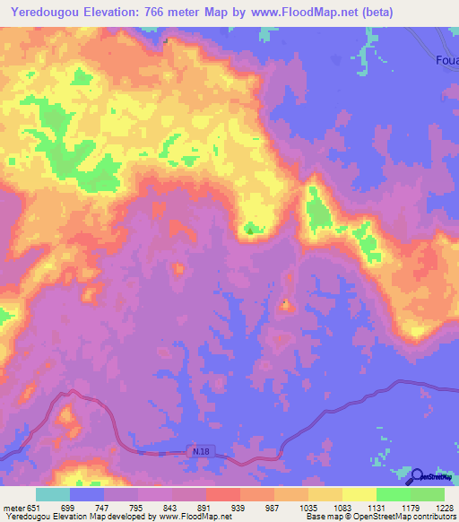 Yeredougou,Guinea Elevation Map