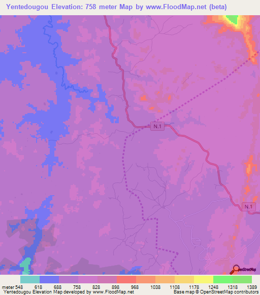 Yentedougou,Guinea Elevation Map