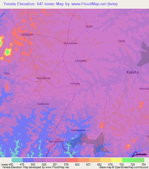 Yeneta,Guinea Elevation Map